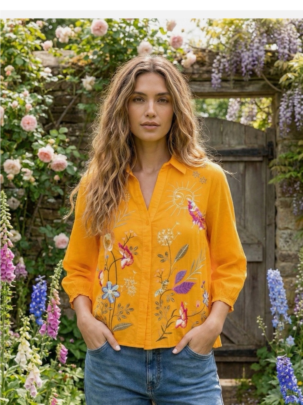 Johnny Was Nila Relaxed Smocked shirt: whimsical butterfly embroidary